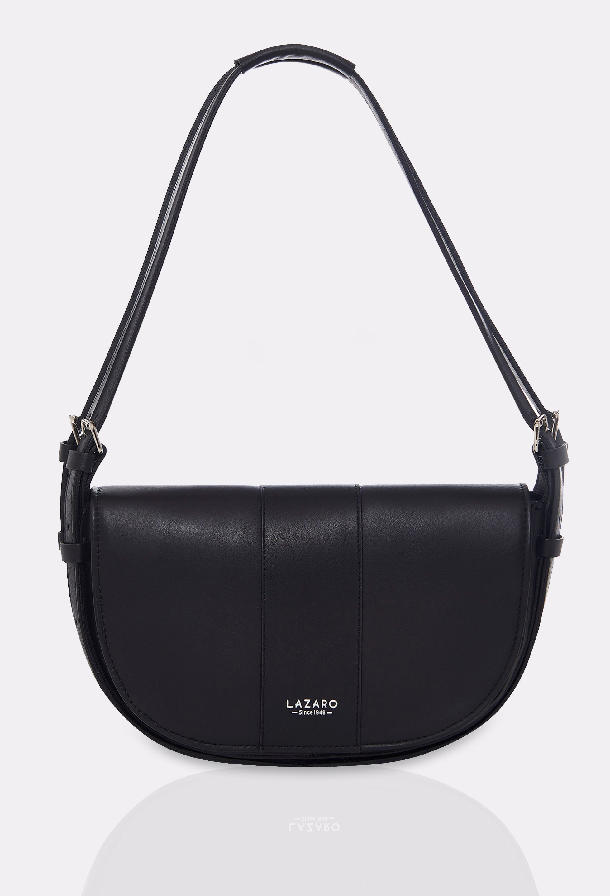 Front of a Black Leather Shoulder Bag Montana with silver embossed logo and hardware.