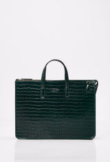 Front of a Green Croco Leather Slim Briefcase with Lazaro logo.