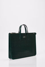 Side of a Green Croco Leather Slim Briefcase with Lazaro logo.