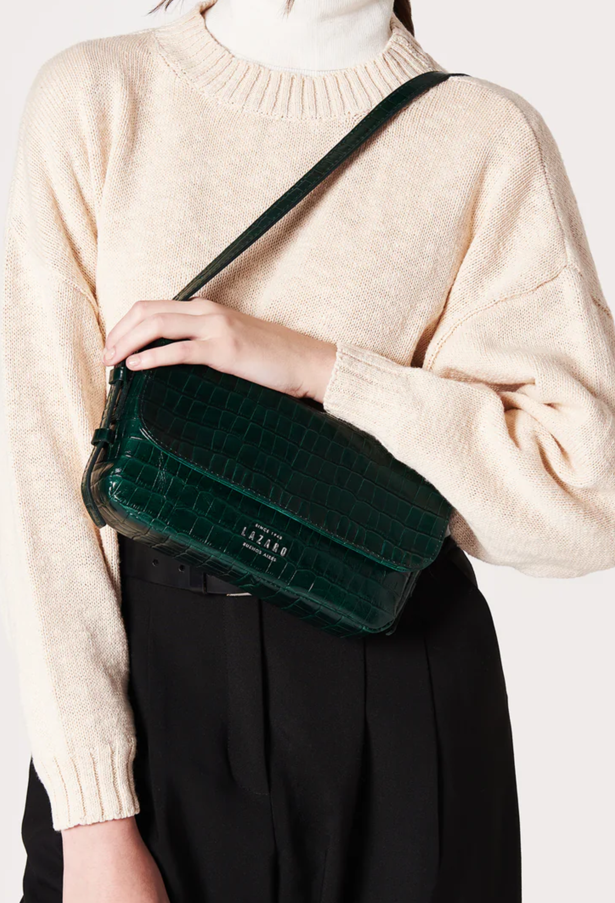 Leather Shoulder Flap Bag 'Gwen' - Green Croco