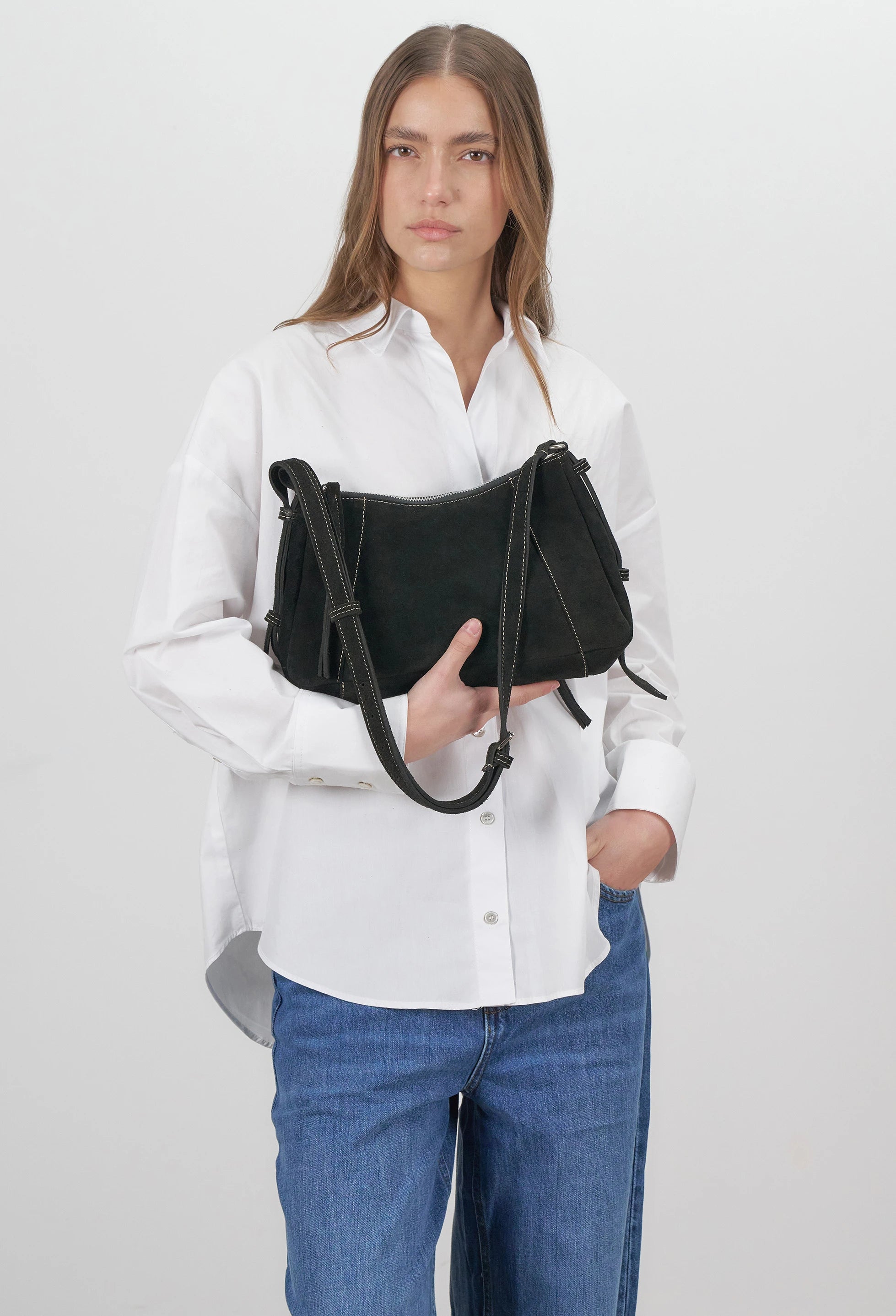 Nina Baguette Bag - Black Suede