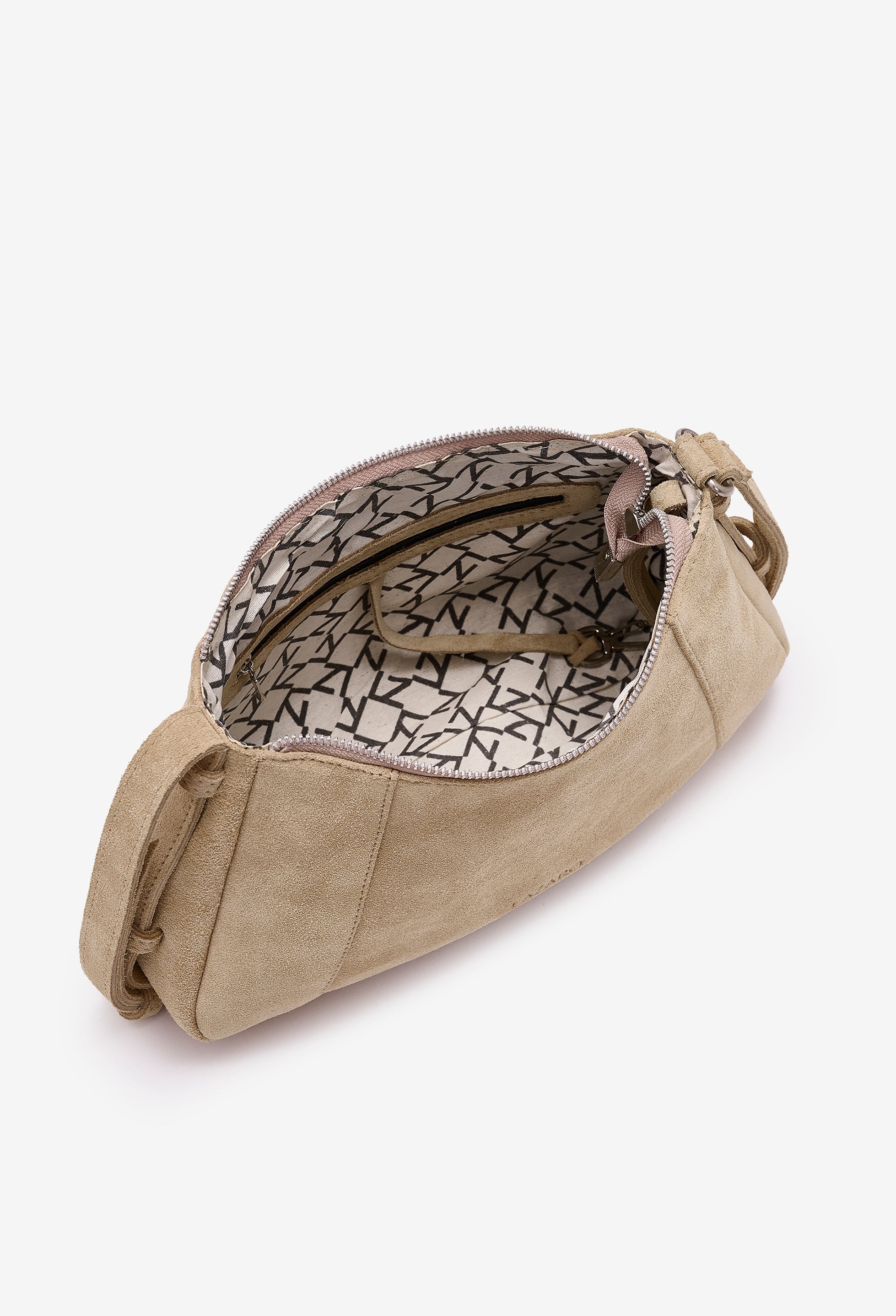 Latte baguette bag with patterned interior on a white background