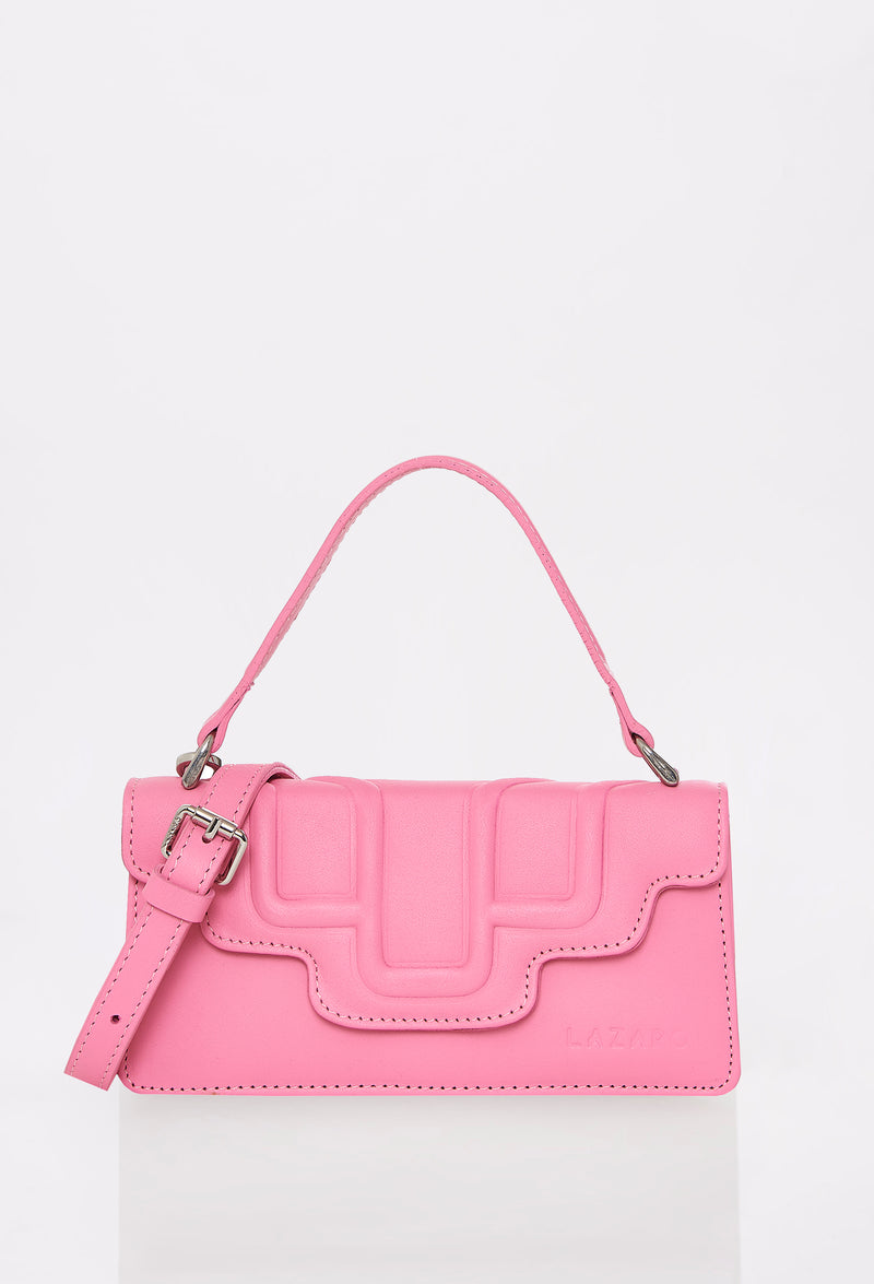 Front of a Pink Leather Crossbody Flap Bag Hilda with a raised design flap, Lazaro logo and a removable and adjustable strap.