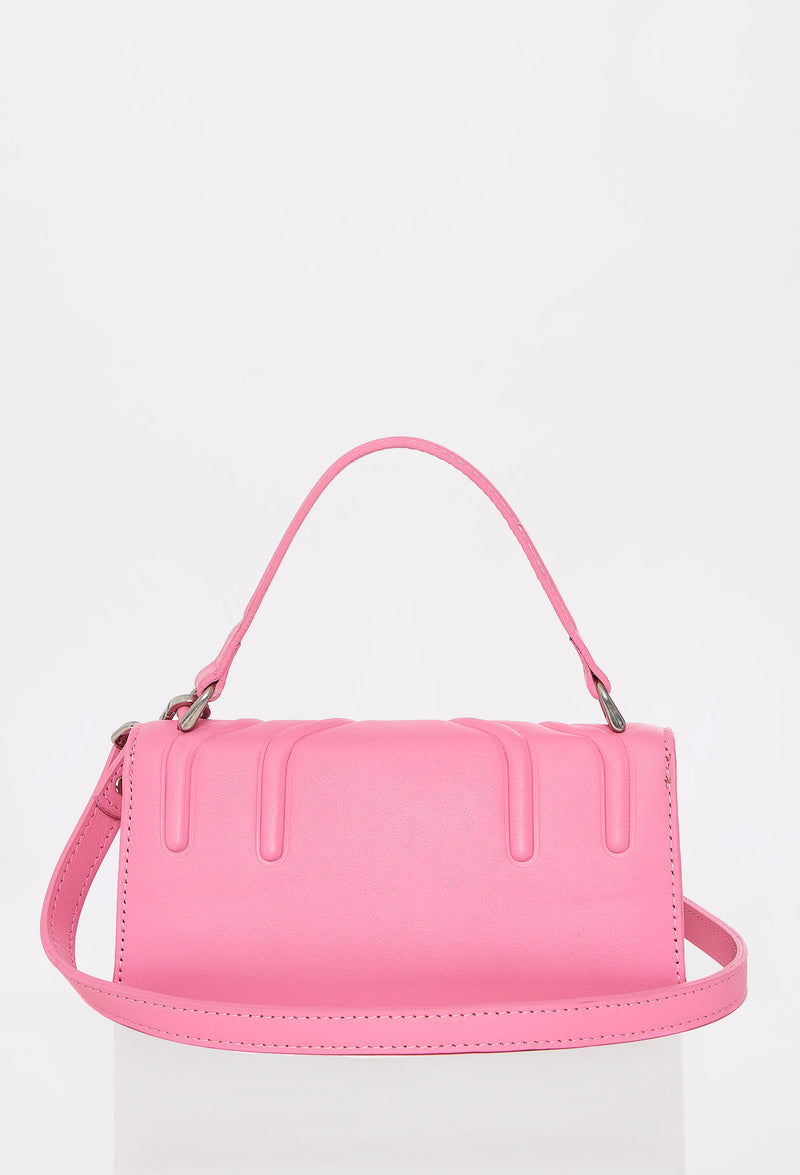 Rear of a Pink Leather Crossbody Flap Bag Hilda with a removable and adjustable strap.