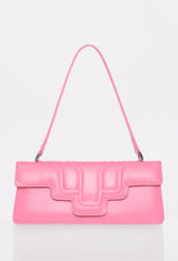 Front of a Pink Leather Shoulder Flap Bag Hilda with a raised design flap and Lazaro logo.