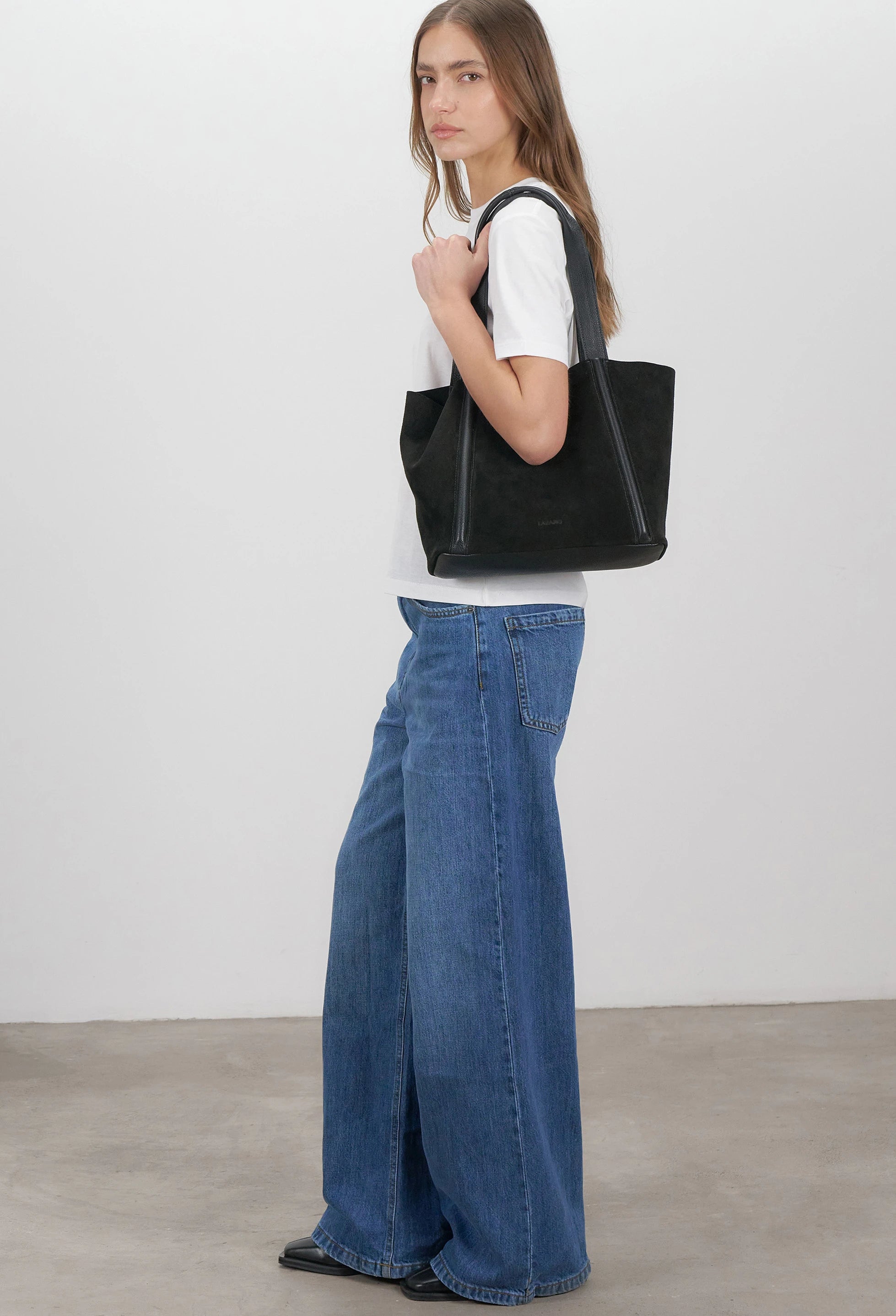 Sami Leather Tote Bag - Black Suede