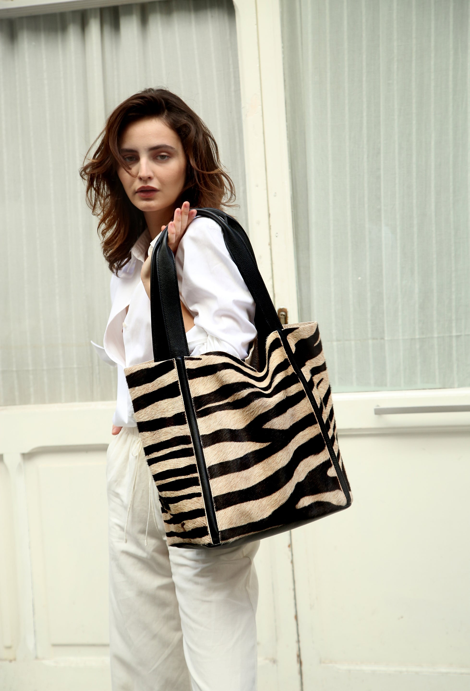 Tala Large Leather Tote Bag - Zebra