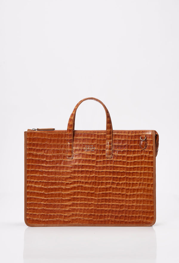 Front of a Tan Croco Leather Slim Briefcase with Lazaro logo.