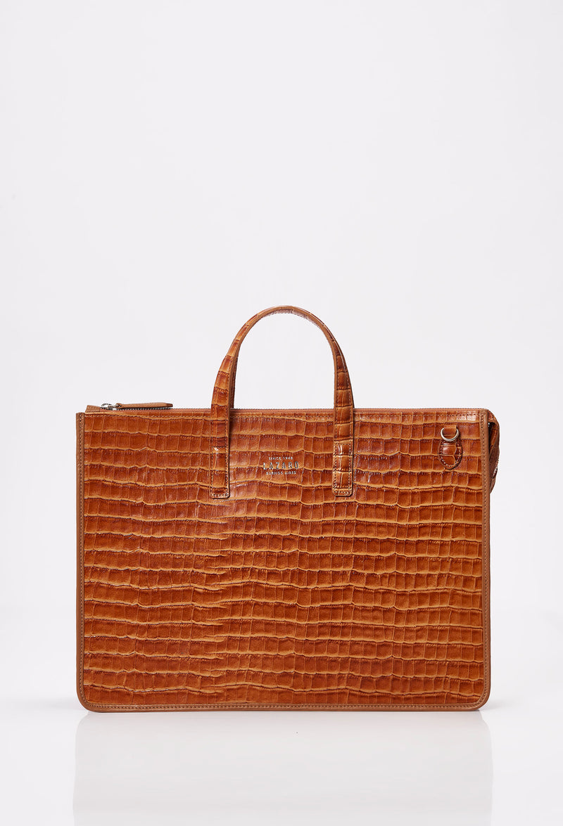 Front of a Tan Croco Leather Slim Briefcase with Lazaro logo.