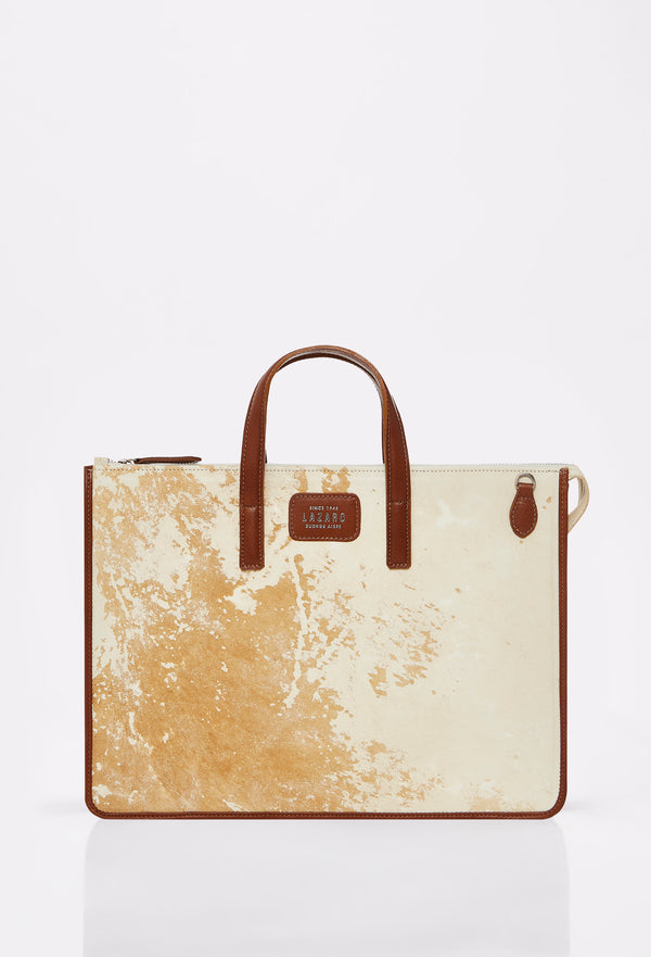 Front of a Vintage Cowhide Leather Slim Briefcase with Tan leather details and Lazaro logo.