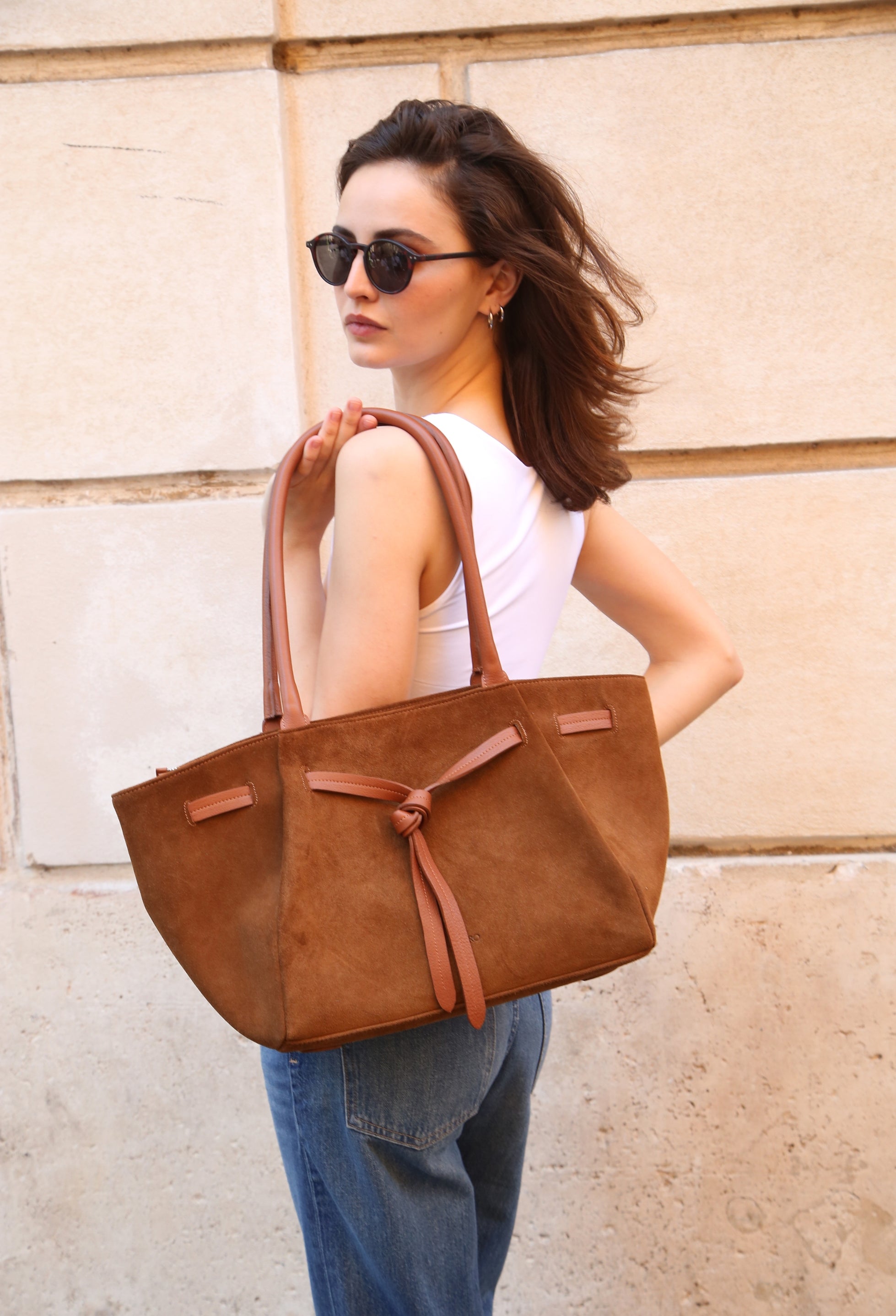Warmi Large Carryall Leather Bag - Tan Suede
