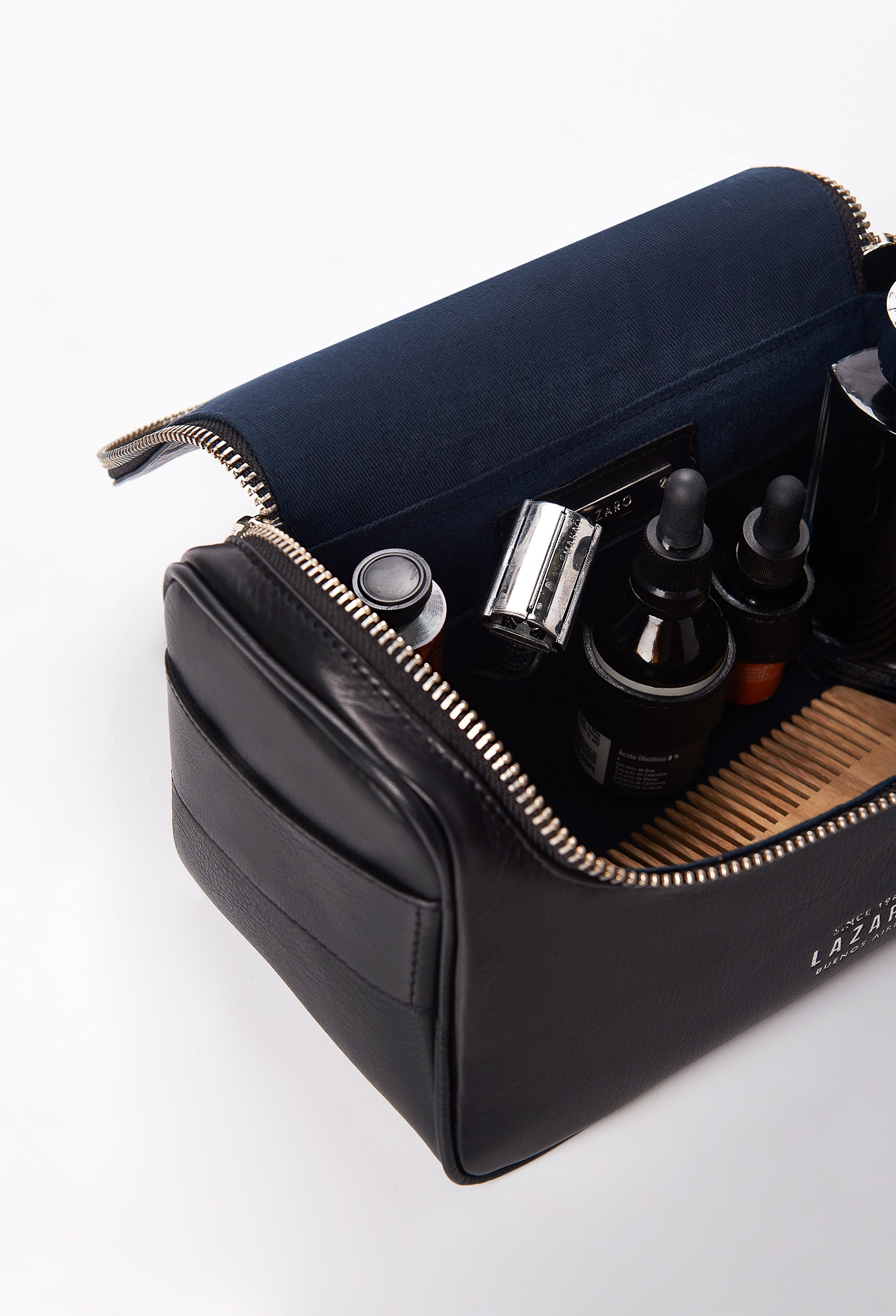 Large Leather Toiletry Bag - Black