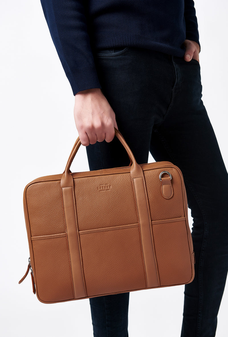 Tan Leather Business Briefcase With Laptop Compartment