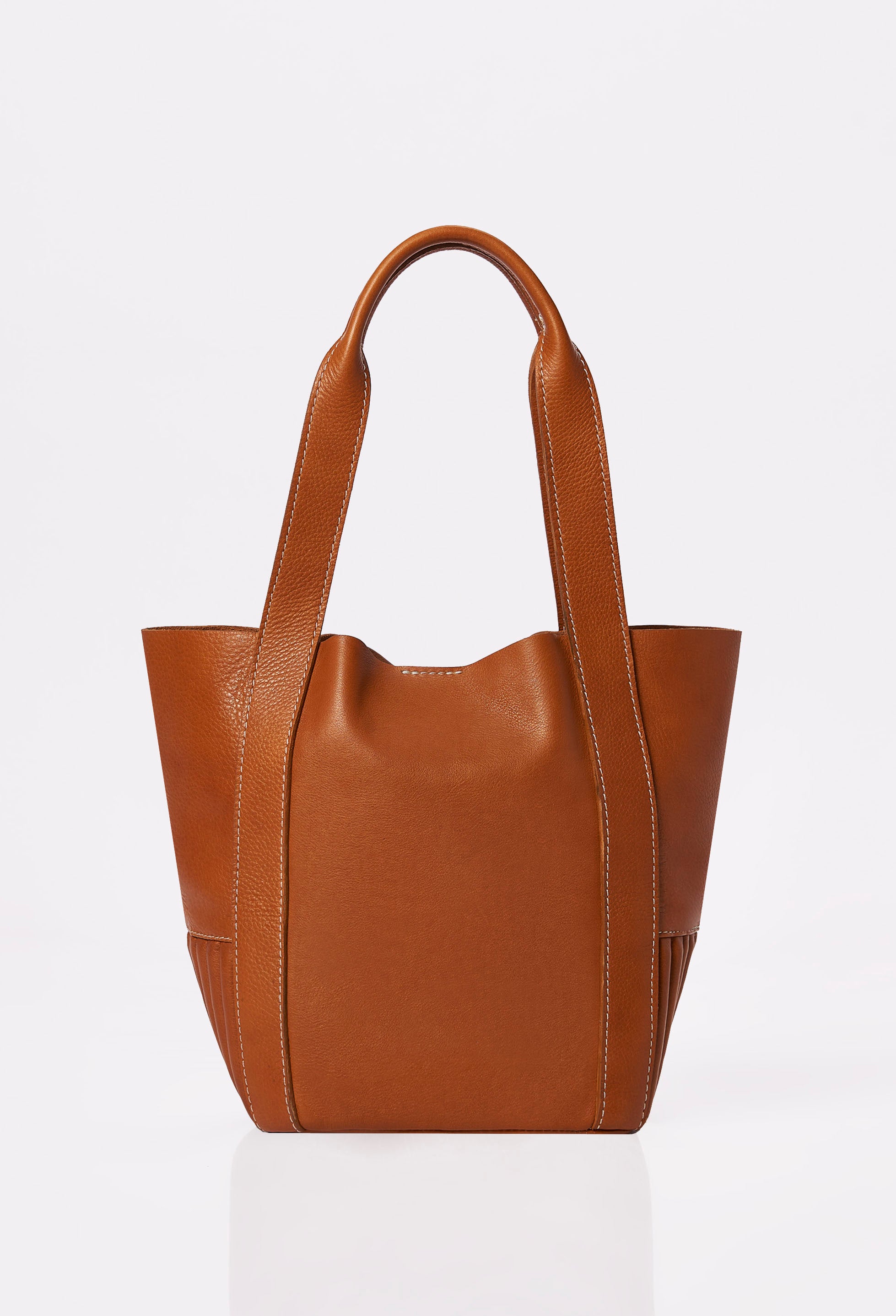 Rear of a Tan Leather Small Bucket Bag Ushuaia with contrast stitching highlights.