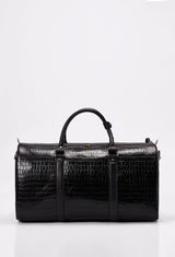 Rear of a Black Croco Leather Duffel Bag with leather handles.