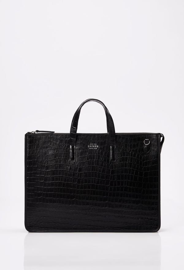 Front of a Black Croco Leather Slim Briefcase with Lazaro logo.