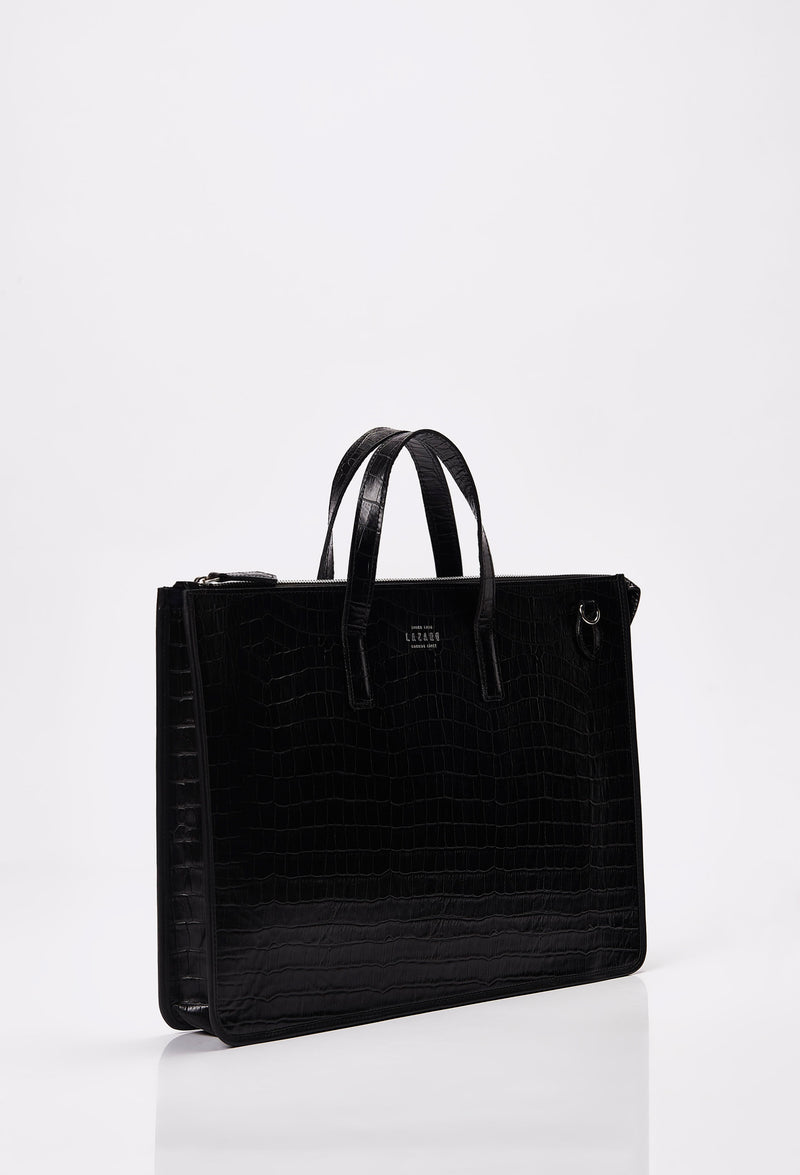 Side of a Black Croco Leather Slim Briefcase with Lazaro logo.