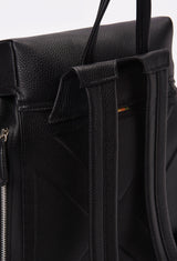 Partial photo of a Black Large Leather Backpack with Buckle Closure showing its ergonomically shaped rear, leather padded and adjustable straps and a hidden zippered pocket.