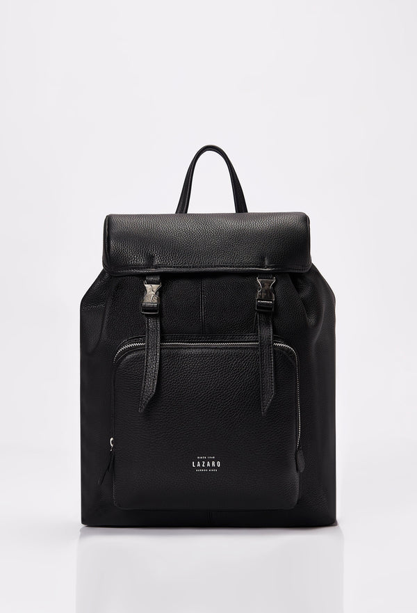 Front of a Black Large Leather Backpack with Buckle Closure, that shows a slver Lazaro logo and a front zippered pocket.