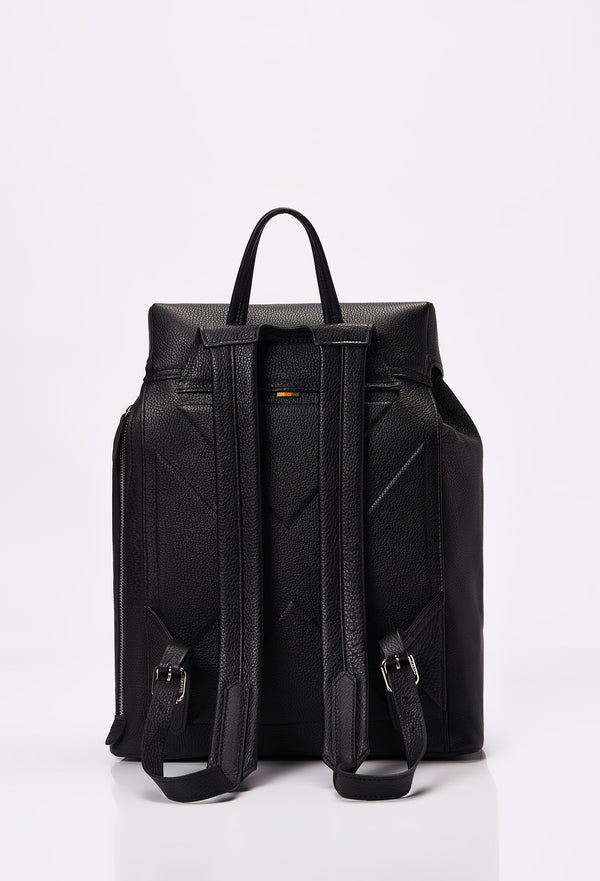 Rear of a Black Large Leather Backpack with Buckle Closure, ergonomically shaped with leather padded and adjustable straps.
