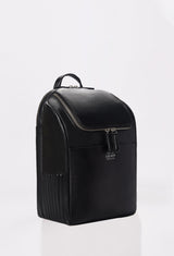 Side of a Black Leather Backpack with side needlework, main compartment, Lazaro logo and a front pocket.