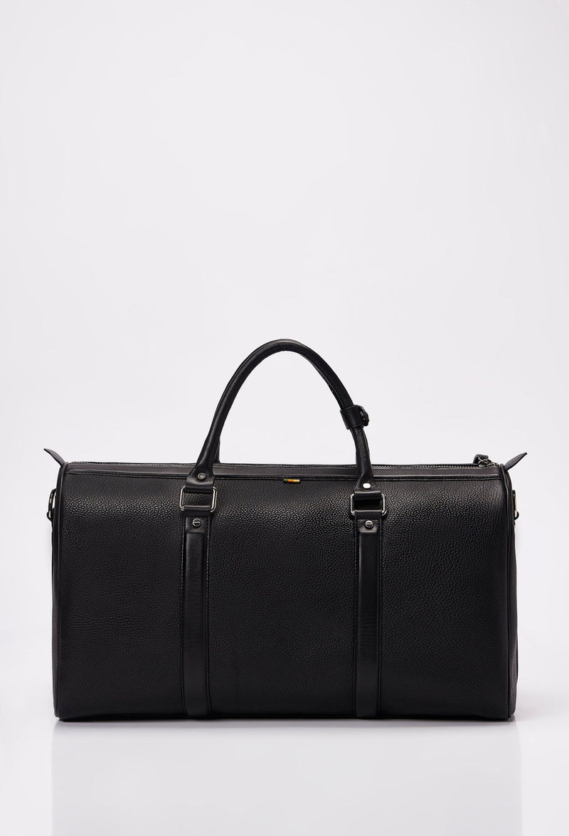 Rear of a Black Leather Duffel Bag with leather handles.