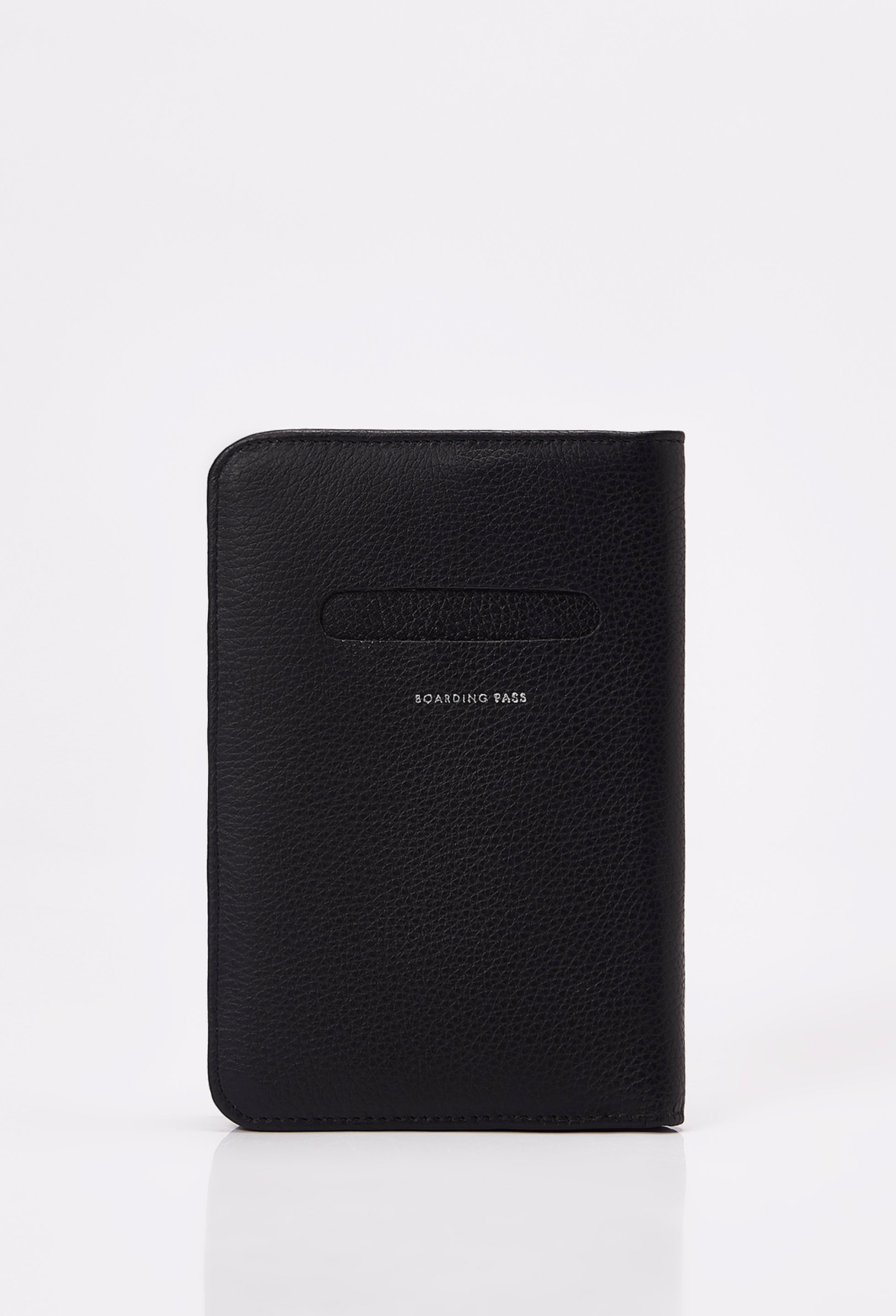 Rear of a Black Leather Passport Holder with a labeled compartment for boarding passes.