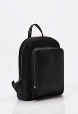 Side of a Black Neoprene and Leather Backpack with Lazaro logo and a front zippered pocket.