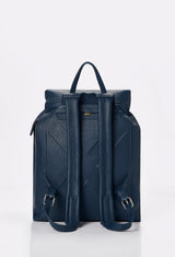 Rear of a Blue Large Leather Backpack with Buckle Closure, ergonomically shaped with leather padded and adjustable straps.