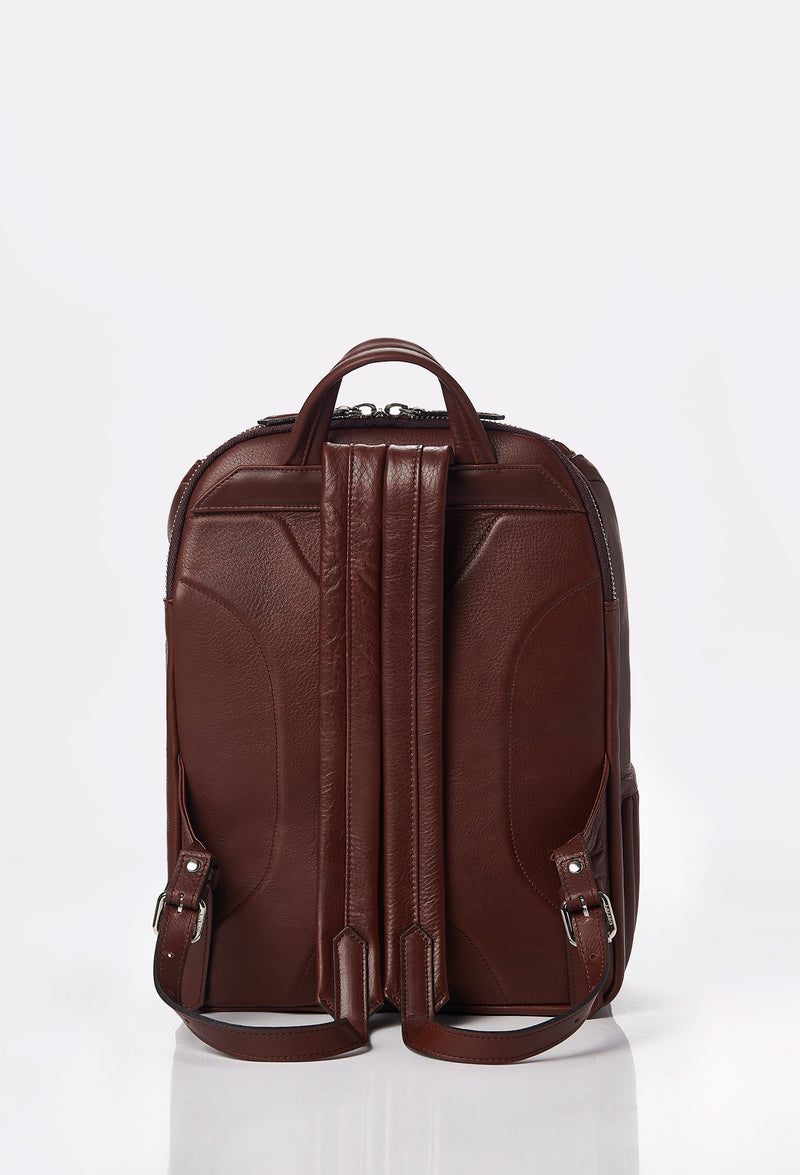Rear of a Coffee Leather Backpack ergonomically shaped with leather padded and adjustable straps.