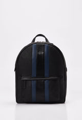 Front of a Leather Backpack made from black Full-Grain pebbled leather with Nappa leather trims in blue and black. It has the Lazaro logo and a front zippered pocket.