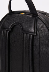 Partial photo of a Black Lightweight Leather Backpack showing its ergonomically shaped rear, a leather handle and leather padded and adjustable straps.