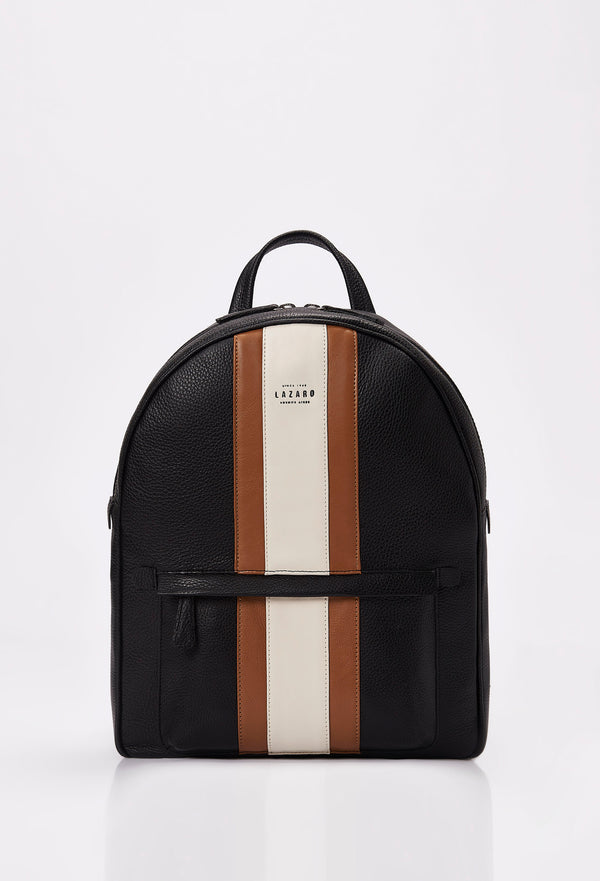 Front of a Leather Backpack made from black Full-Grain pebbled leather with Nappa leather trims in tan and off white. It has the Lazaro logo and a front zippered pocket.