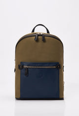 Front of a Olive Canvas and Leather Backpack with blue and black leather details, main compartment, Lazaro logo and front multifunctional pockets.