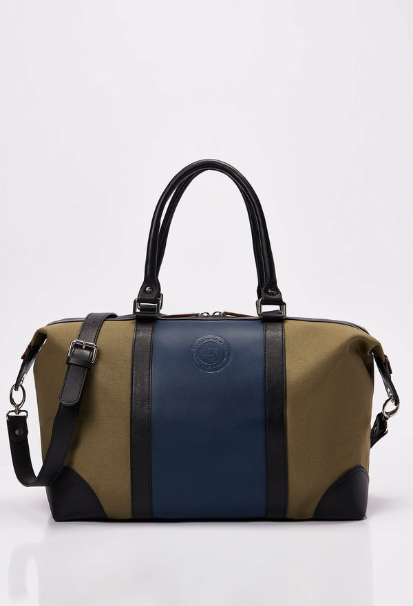 Front of a Olive Canvas and Leather Duffel Bag with a blue leather strap, Lazaro logo and black leather handles and shoulder straps.