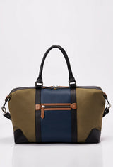 Rear of a Olive Canvas and Leather Duffel Bag that shows a blue leather strap, a tan zippered pocket and black leather handles.