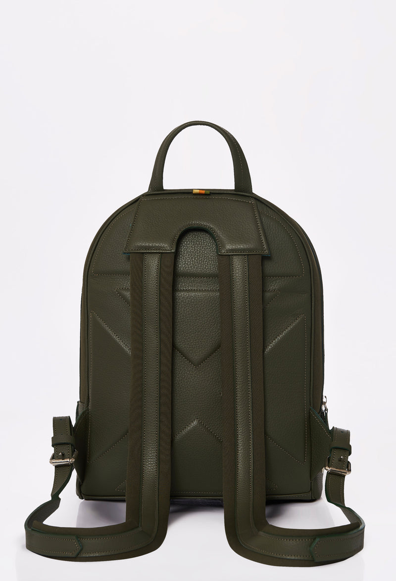 Rear of a Olive Neoprene and Leather Backpack ergonomically shaped with leather and neoprene padded and adjustable straps.
