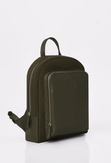 Side of a Olive Neoprene and Leather Backpack with Lazaro logo and a front zippered pocket.