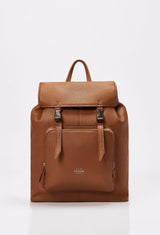 Front of a Tan Large Leather Backpack with Buckle Closure, that shows a slver Lazaro logo and a front zippered pocket.