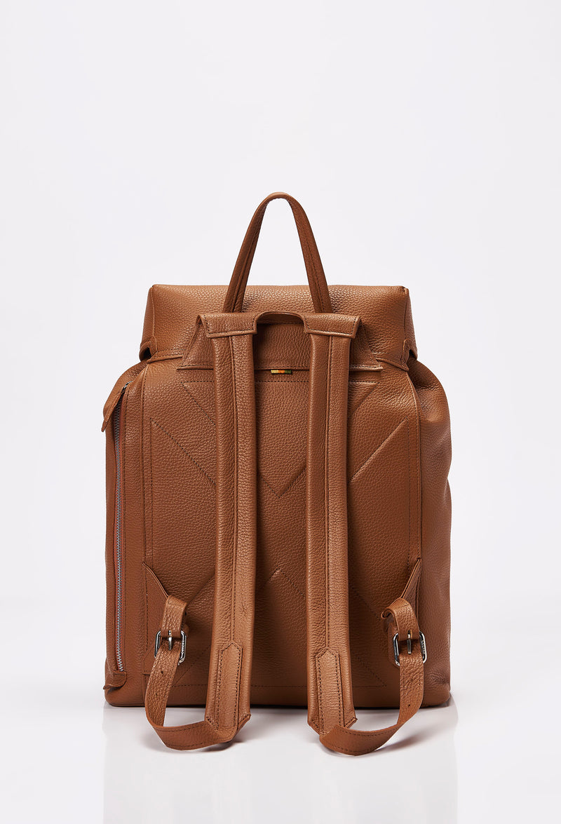 Rear of a Tan Large Leather Backpack with Buckle Closure, ergonomically shaped with leather padded and adjustable straps.