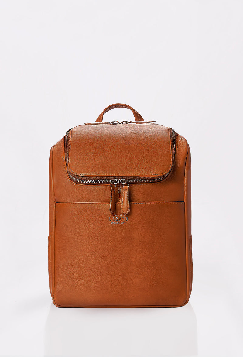 Front of a Tan Leather Backpack with Lazaro logo and a front multifunctional pocket.