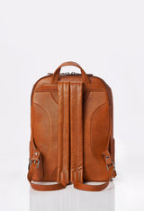 Rear of a Tan Leather Backpack ergonomically shaped with leather padded and adjustable straps.