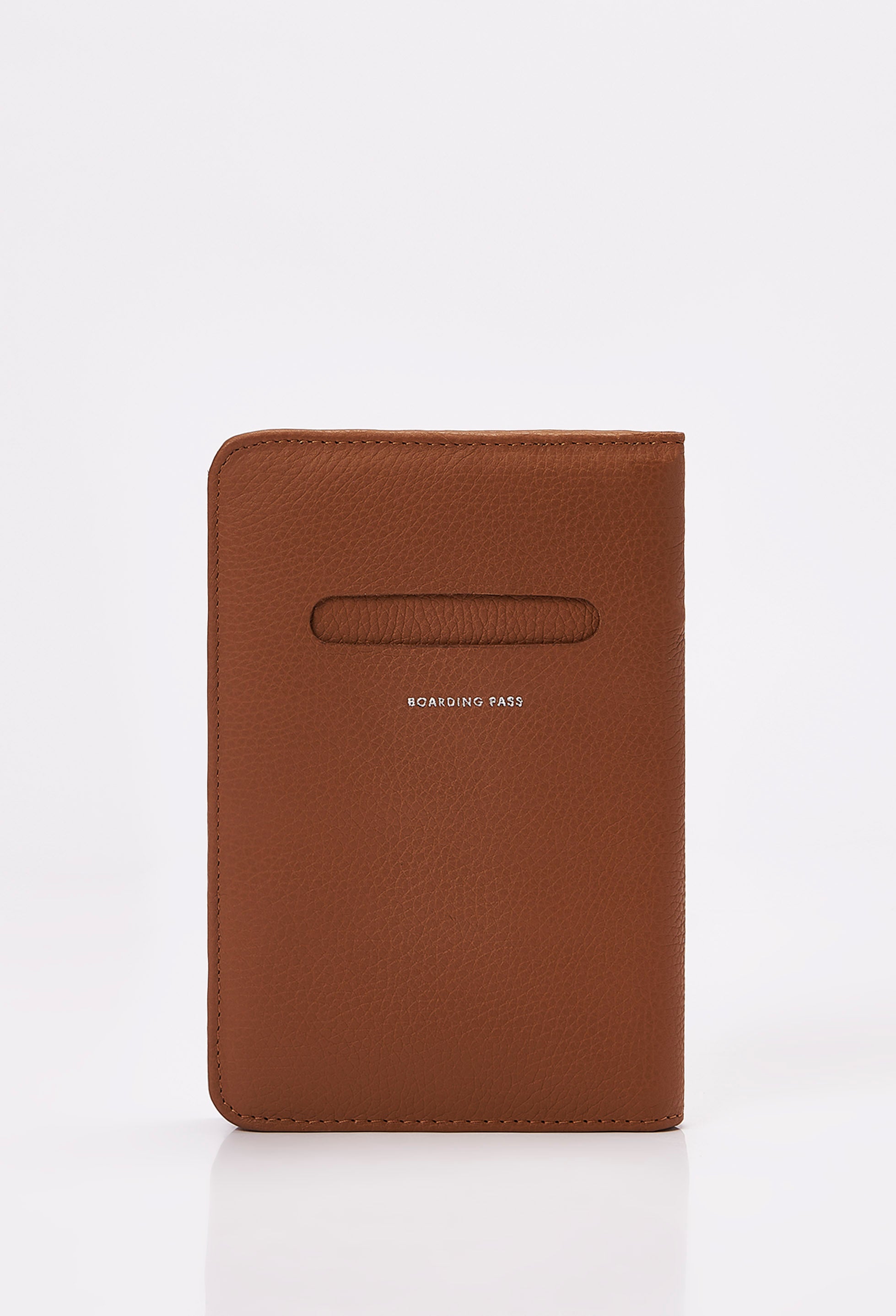 Rear of a Tan Leather Passport Holder with a labeled compartment for boarding passes.