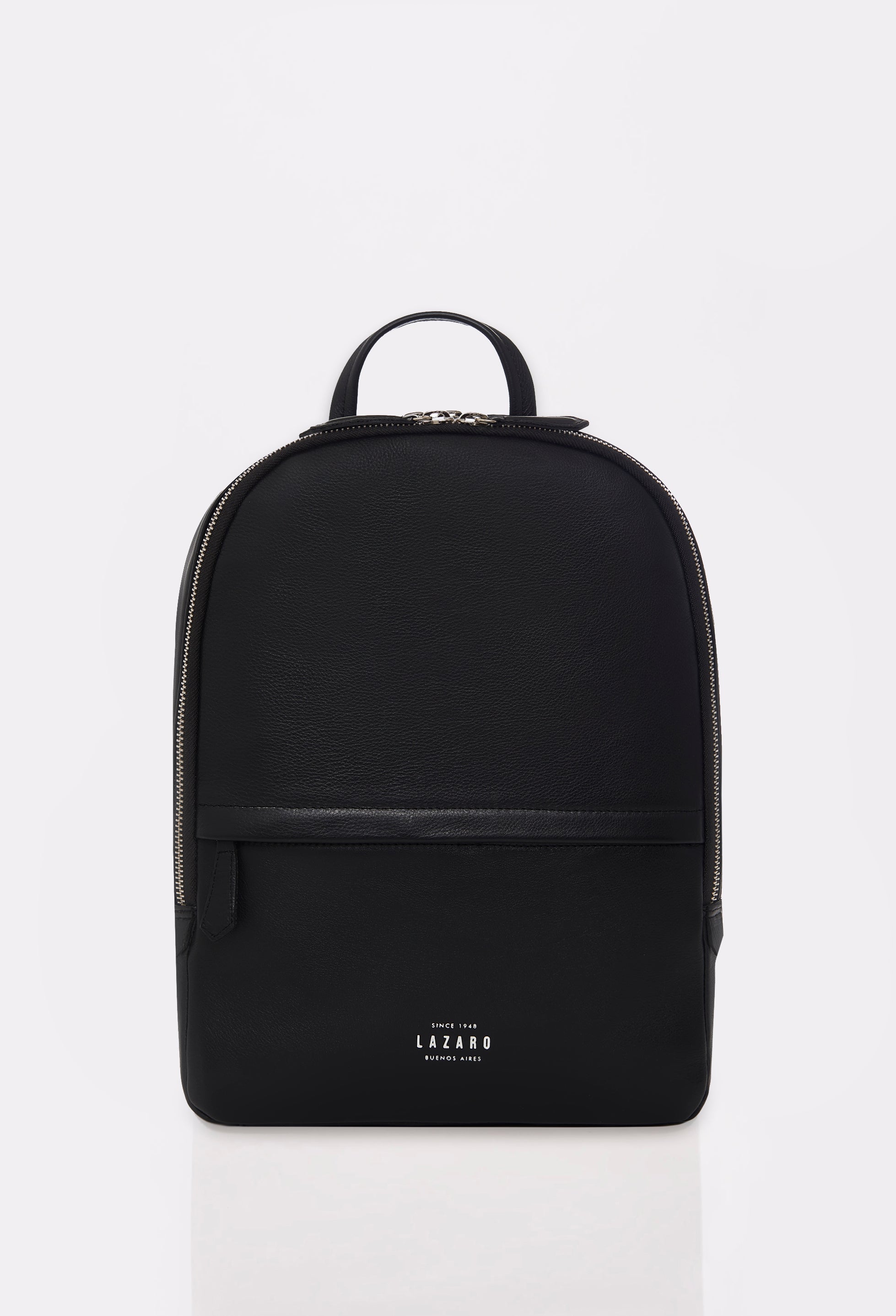 Front of a Black Leather Backpack made out of Argentinian Bridge Leather with 2 main compartments and 2 external zippered pockets.
