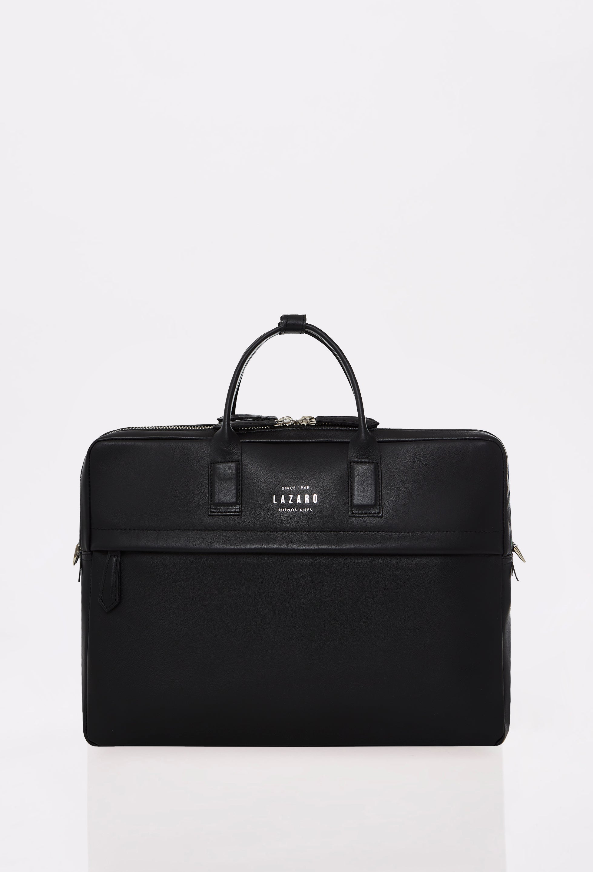Front of a Black Leather Briefcase with Lazaro logo and a zippered pocket.
