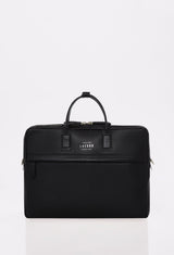 Front of a Black Leather Briefcase with Lazaro logo and a zippered pocket.