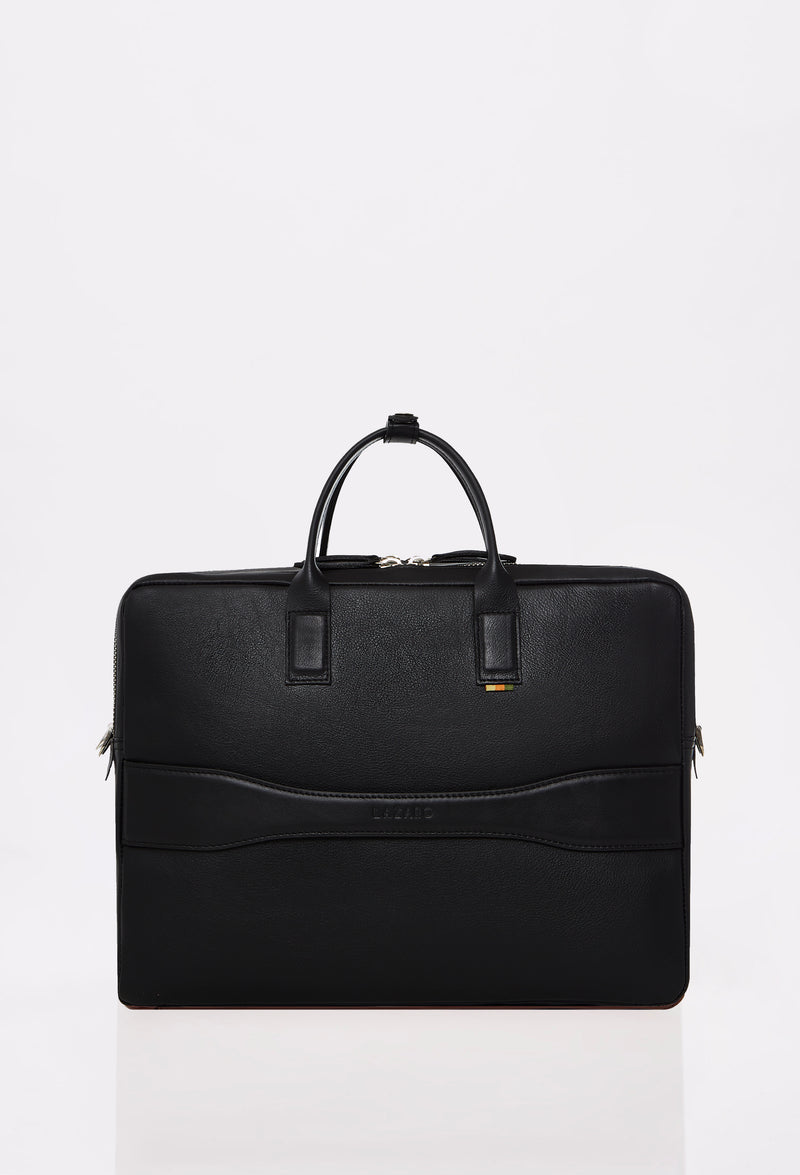 Rear of a Black Leather Briefcase that shows a handle to attach the briefcase to a carry-on.