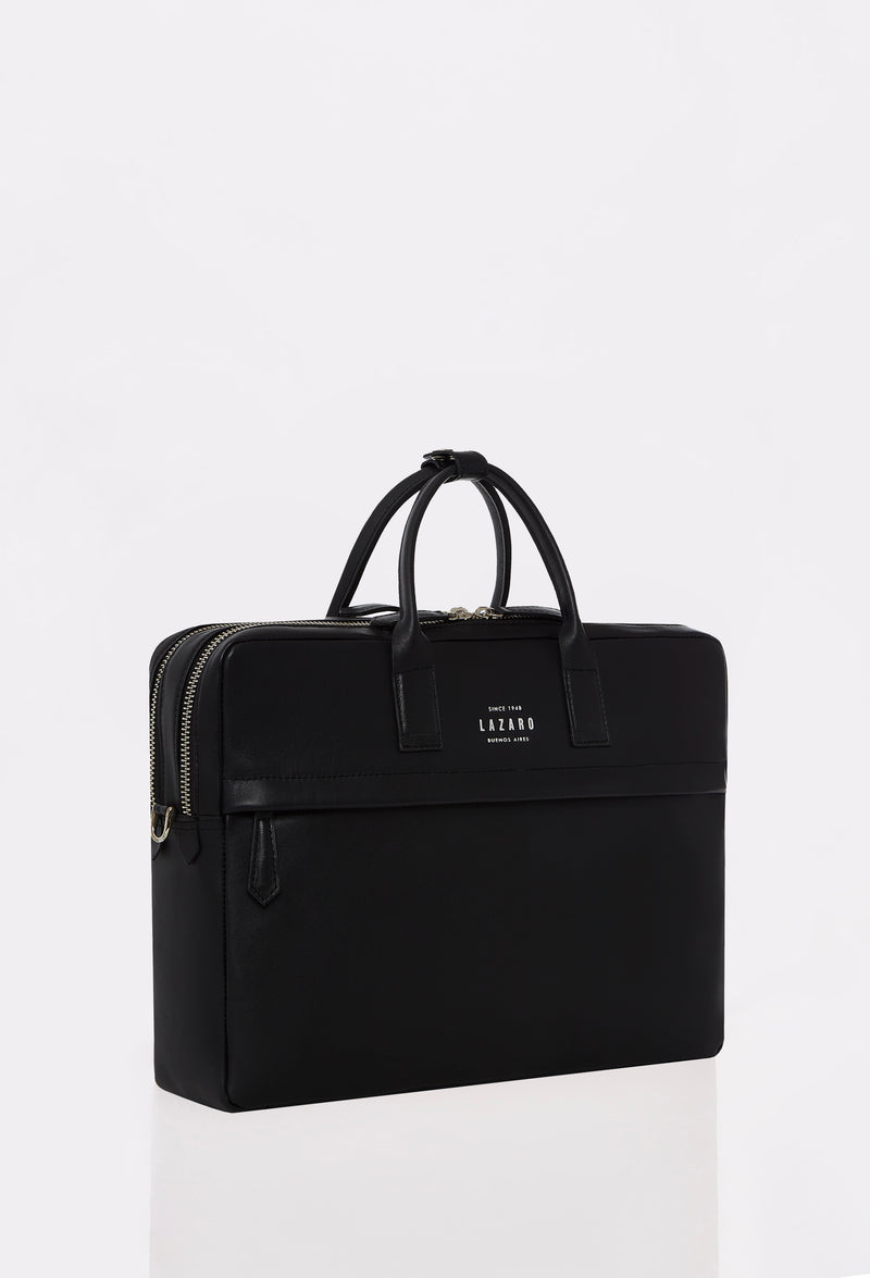Side of a Black Leather Briefcase with Lazaro logo, a zippered pocket in the front and a two-zippered main compartment.