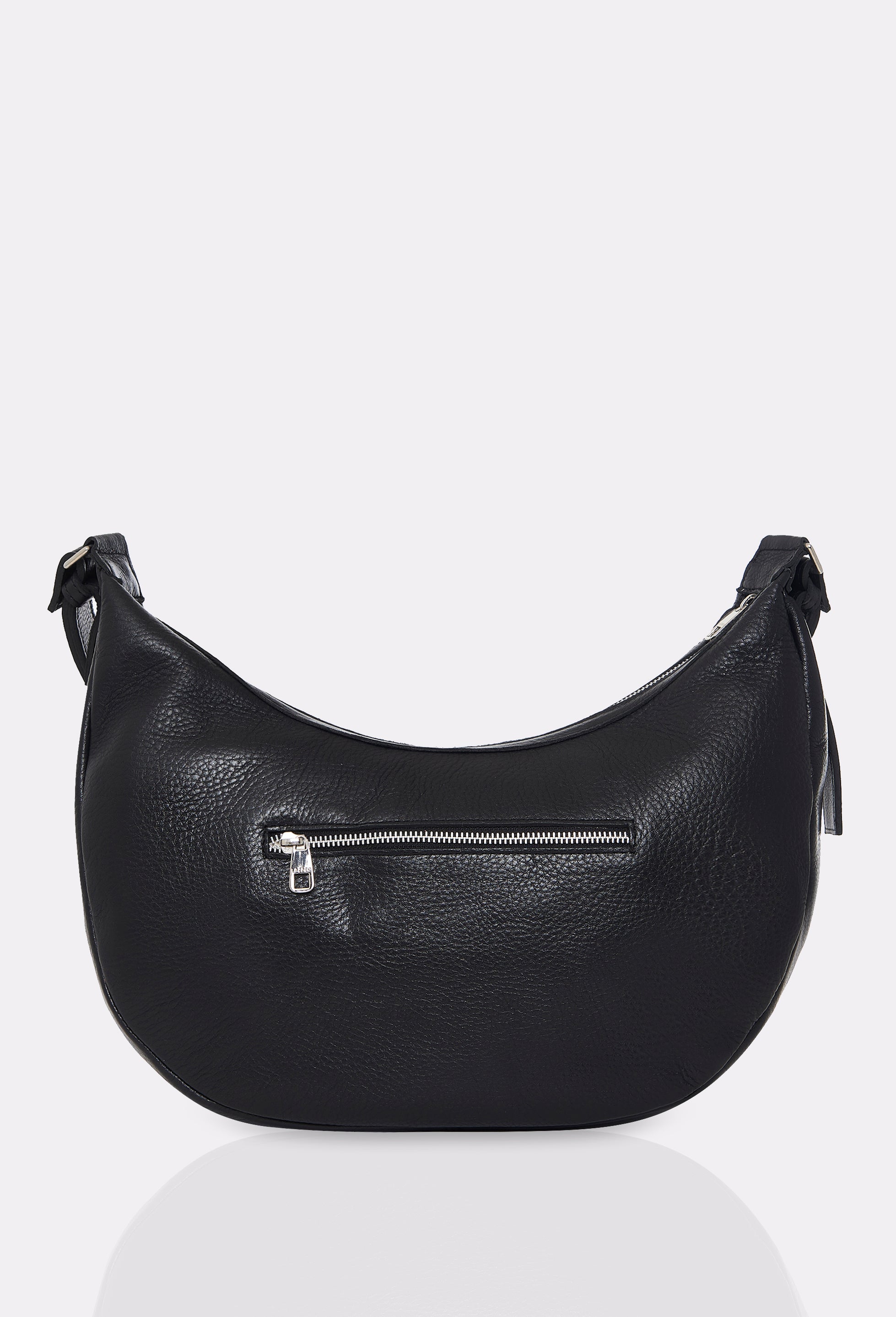 Rear of a Black Leather Crossbody Bag Himalaya with a zippered external pocket.