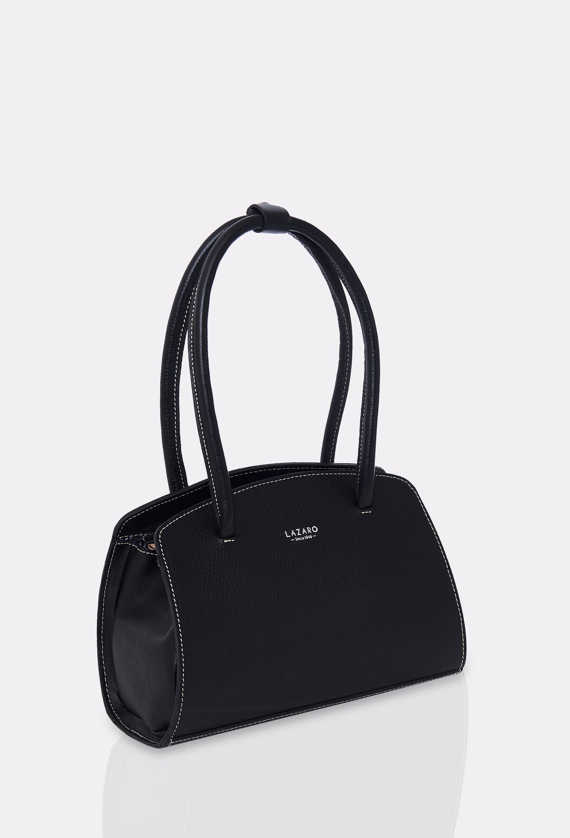 Side of a Black Leather Shoulder Bag Margot with Lazaro logo and contrast stitching highlights.